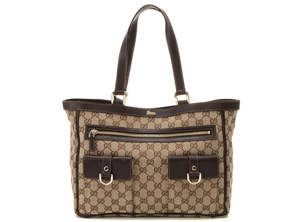 Gucci Abbey Tote Bag GG Canvas Leather Beige Cream Dark Brown